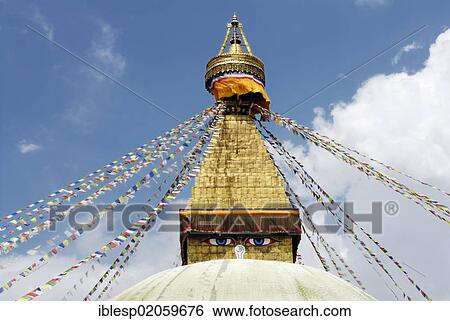 Stupa with prayer flags and eyes of Buddha, Boudhanath, Kathmandu, Nepal, Asia View Large Photo Image Stock Photograph - Stupa with prayer flags and eyes of Buddha, Boudhanath, Kathmandu, Nepal, Asia. Fotosearch