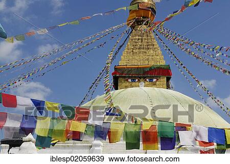 Stupa with prayer flags, Boudhanath, Kathmandu, Nepal, Asia View Large Photo Image Stock Photo - Stupa with prayer flags, Boudhanath, Kathmandu, Nepal, Asia. Fotosearch