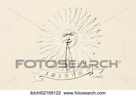 Stock Image - Sundial on the facade of abuilding, Luedinghausen, Muensterland, North Rhine-Westphalia, Germany, Europe, PublicGround, Europe. Fotosearch