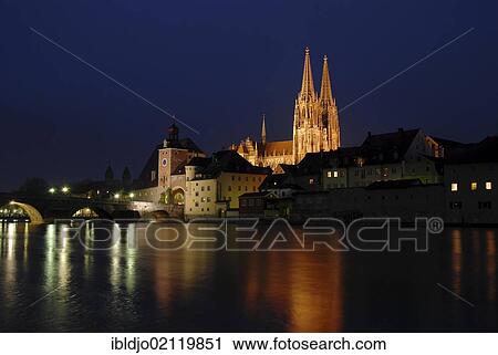 The floodlit towers of the cathedral as seen across the Danube river, at night, Regensburg, Upper Palatinate, Bavaria, Germany, Europe View Large Photo Image Stock Image - The floodlit towers of the cathedral as seen across the Danube river, at night, Regensburg, Upper Palatinate, Bavaria, Germany, Europe. Fotosearch