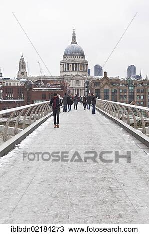 Stock Image - The Millennium Bridge covered with snow, London, England, United Kingdom, Europe. Fotosearch