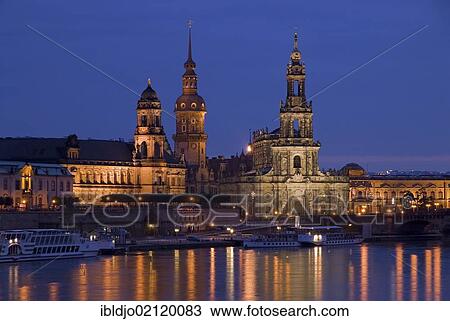 The skyline of Dresden as seen across the river Elbe with the Hausmannsturm tower at the left and the Hofkirche church at the right, at the blue hour in the evening, Dresden, Saxony, Germany, Europe View Large Photo Image Stock Image - The skyline of Dresden as seen across the river Elbe with the Hausmannsturm tower at the left and the Hofkirche church at the right, at the blue hour in the evening, Dresden, Saxony, Germany, Europe. Fotosearch
