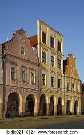 The typical facades and gables of Telč, Telc, Teltsch, UNESCO World Heritage Site, southern Moravia, Czech Republic, Europe View Large Photo Image Stock Photo - The typical facades and gables of Telč, Telc, Teltsch, UNESCO World Heritage Site, southern Moravia, Czech Republic, Europe. Fotosearch