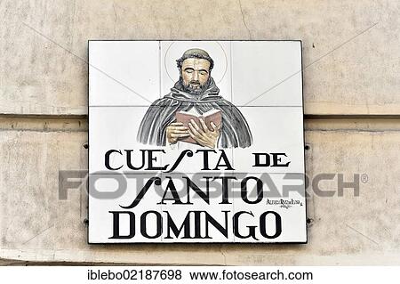 Stock Photo - Tiled street sign, Cuesta de Santo Domingo, Madrid, Spain, Europe. Fotosearch