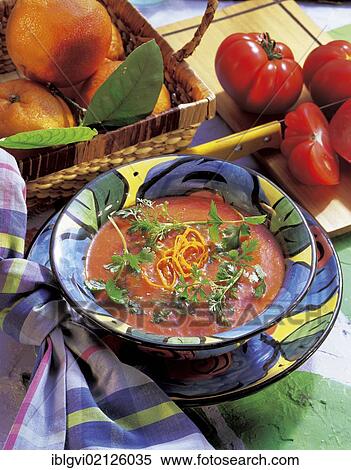Stock Photography - Tomato soup with oranges, New Zealand, Oceania. Fotosearch
