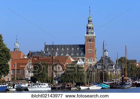Town Hall and ships in the harbour, Leer, East Frisia, Lower Saxony, Germany, Europe View Large Photo Image Stock Photo - Town Hall and ships in the harbour, Leer, East Frisia, Lower Saxony, Germany, Europe. Fotosearch