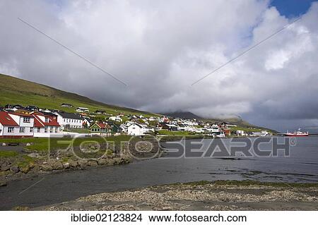 Picture - Town of Miðvágur, Vágar Island, Faroe Islands, island group in the North Atlantic, Denmark, Northern Europe, Europe. Fotosearch