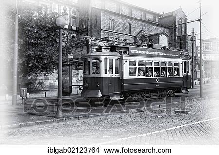 Picture - Tram in Ribeira district, Porto, Unesco World Heritage Site, Portugal, Europe. Fotosearch