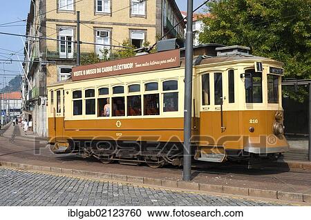 Stock Image - Tram in Ribeira district, Porto, Unesco World Heritage Site, Portugal, Europe. Fotosearch