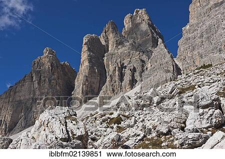 Stock Image - Tre Cime di Lavaredo, Three Peaks, Alta Pusteria, Dolomites of Sesto, Italy, Europe. Fotosearch