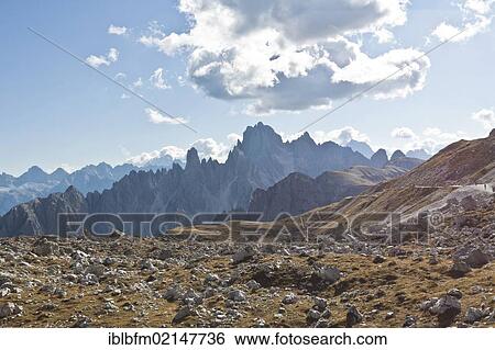 Stock Photograph - View from Drei Zinnen Trail, Tre Cime di Lavaredo, Dolomites, Italy, Europe. Fotosearch