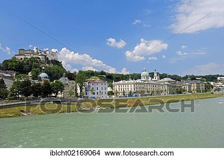 View over the Salzach River towards the historic town centre of Salzburg with the Hohensalzburg Fortress, Austria, Europe View Large Photo Image Picture - View over the Salzach River towards the historic town centre of Salzburg with the Hohensalzburg Fortress, Austria, Europe. Fotosearch