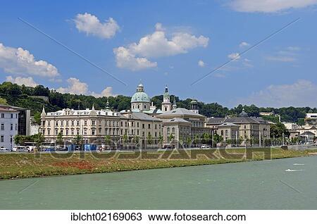 Stock Image - View over the Salzach River towards the historic town centre of Salzburg, Austria, Europe. Fotosearch