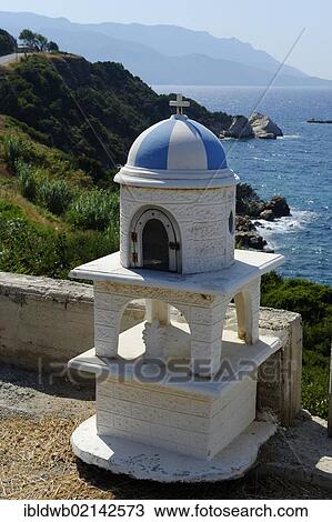 Stock Image - Wayside chapel, bay of Asprochorti, Samos island, southern Sporades, Aegean sea, Greece, Europe. Fotosearch