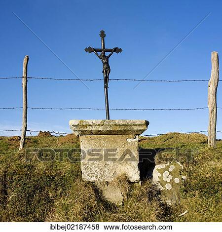 Wayside cross in front of fence, Cezallier, Auvergne, France, Europe View Large Photo Image Stock Photo - Wayside cross in front of fence, Cezallier, Auvergne, France, Europe. Fotosearch