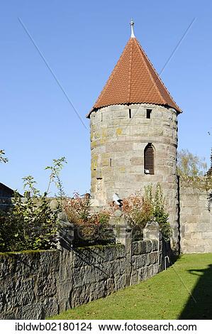 Picture - Wehrturm tower, a fortified tower, Maria Geburt parish church, fortified church, Hannberg, Hessdorf, Middle Franconia, Franconia, Bavaria, Germany, Europe. Fotosearch