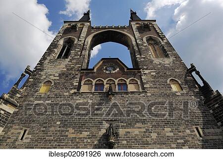 Stock Photograph - West towers of St. Jakobskirche, St. James Church, Koethen, Saxony-Anhalt, Germany, Europe, PublicGround, Europe. Fotosearch