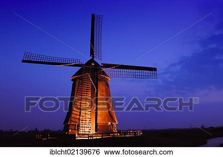 Stock Photograph - Windmill in the evening, Schermerhorn, Schermer, North Holland, Holland, Netherlands, Europe. Fotosearch