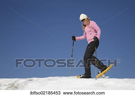 Young woman, about 25 years, snow shoe walking with sticks, against a blue sky, Thuringian Forest mountains, Thuringia, Germany, Europe View Large Photo Image Stock Image - Young woman, about 25 years, snow shoe walking with sticks, against a blue sky, Thuringian Forest mountains, Thuringia, Germany, Europe. Fotosearch