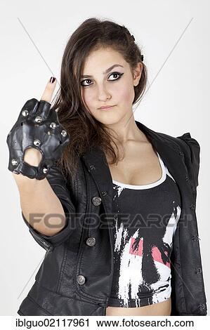 Young woman wearing a leather jacket, with her middle finger raised View Large Photo Image Stock Image - Young woman wearing a leather jacket, with her middle finger raised. Fotosearch