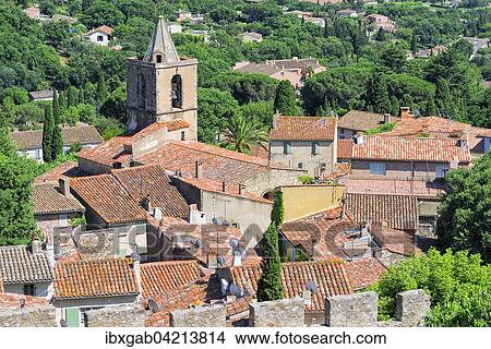 Picture - Aerial view, Grimaud Medieval village, Var, Provence Alpes Cote d'Azur region, France, Europe. Fotosearch