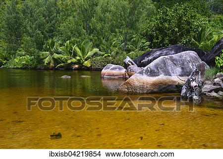 Picture - Brackish lagoon on the beach of Anse Lazio, Praslin Island, Seychelles, Africa. Fotosearch