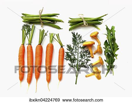 Carrots, beans, chanterelles, rocket salad, against a white background View Large Photo Image Stock Photo - Carrots, beans, chanterelles, rocket salad, against a white background. Fotosearch