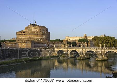 Stock Photo - Castel Sant'Angelo and Ponte Sant'Angelo over the Tiber river, evening light, Rome, Lazio, Italy, Europe. Fotosearch