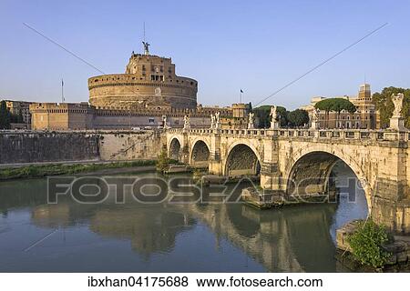 Stock Photo - Castel Sant'Angelo and Ponte Sant'Angelo over the Tiber river, evening light, Rome, Lazio, Italy, Europe. Fotosearch