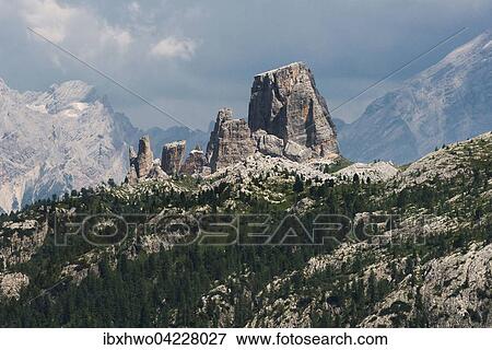 Stock Photo - Cinque Torri, five towers, climbing rocks, Dolomites, Alps, Province of Belluno, Veneto region, Veneto, Italy, Europe. Fotosearch
