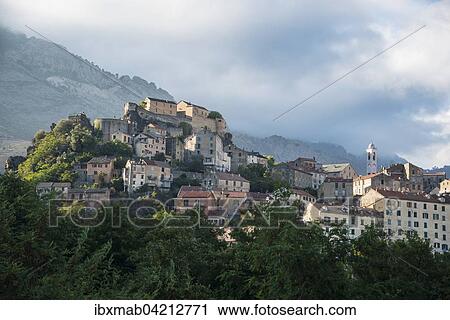 Stock Image - City view, historic centre of Corte, Corsica, France, Europe. Fotosearch