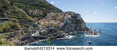 Picture - Colorful houses on cliffs, Manarola, Cinque Terre, La Spezia Province, Liguria, Italy, Europe. Fotosearch