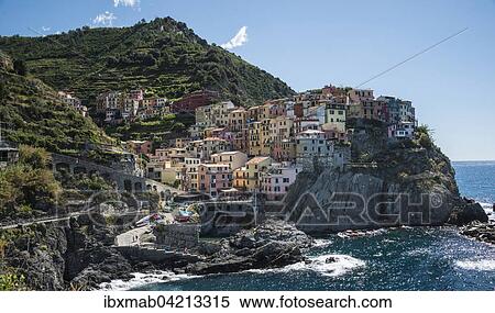Colorful houses on cliffs, Manarola, Cinque Terre, La Spezia Province, Liguria, Italy, Europe View Large Photo Image Stock Photography - Colorful houses on cliffs, Manarola, Cinque Terre, La Spezia Province, Liguria, Italy, Europe. Fotosearch