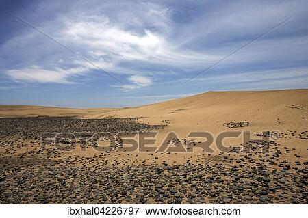 Dunes, sand dunes of Maspalomas, cloud formation, black stones in the sand, nature reserve, Gran Canaria, Canary Islands, Spain, Europe View Large Photo Image Stock Photo - Dunes, sand dunes of Maspalomas, cloud formation, black stones in the sand, nature reserve, Gran Canaria, Canary Islands, Spain, Europe. Fotosearch