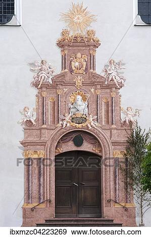 Stock Photo - Entrance to the baroque church Saint Benedict, 1700, Benediktbeuren, Upper Bavaria, Germany, Europe. Fotosearch