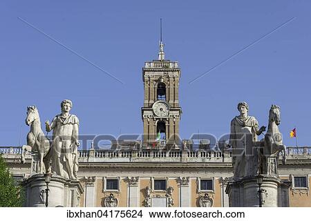 Equestrian statues, Castor and Pollux, Senatorial Palace behind, Capitol, Rome, Lazio, Italy, Europe View Large Photo Image Picture - Equestrian statues, Castor and Pollux, Senatorial Palace behind, Capitol, Rome, Lazio, Italy, Europe. Fotosearch