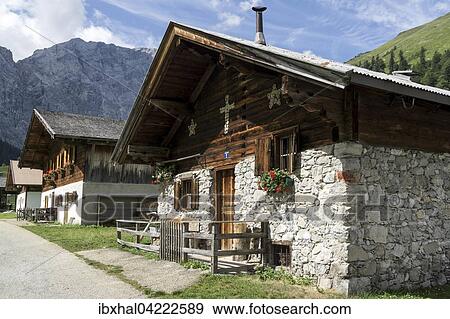 Farmhouses, Eng, Eng-Alm, Karwendel, Tyrol, Austria, Europe View Large Photo Image Stock Photo - Farmhouses, Eng, Eng-Alm, Karwendel, Tyrol, Austria, Europe. Fotosearch