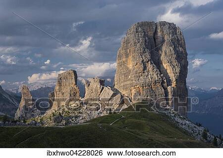 Stock Photograph - Five towers in the evening light, Cinque Torri, climbing rocks, Dolomites, Alps, Province of Belluno, Veneto region, Veneto, Italy, Europe. Fotosearch