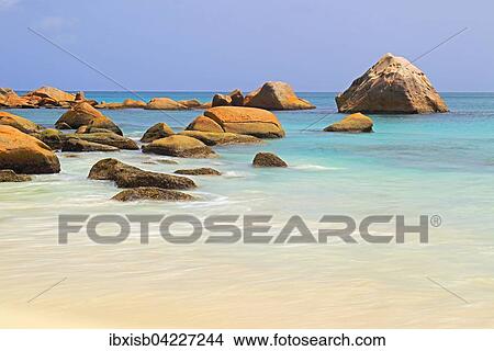 Granite rocks and beach of Anse Lazio in the evening, Praslin Island, Seychelles, Africa View Large Photo Image Picture - Granite rocks and beach of Anse Lazio in the evening, Praslin Island, Seychelles, Africa. Fotosearch