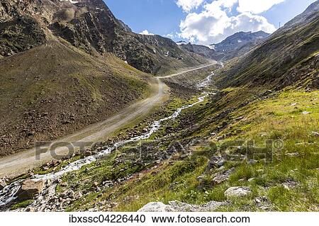 Stock Image - Hiking path along a glacial stream, Rettenbachferner behind, Solden, Otztal, Tyrol, Austria, Europe. Fotosearch