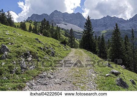 Hiking trail in the Binsalm, Laliderer Walls mountains behind, Karwendel, Tyrol, Austria, Europe View Large Photo Image Picture - Hiking trail in the Binsalm, Laliderer Walls mountains behind, Karwendel, Tyrol, Austria, Europe. Fotosearch