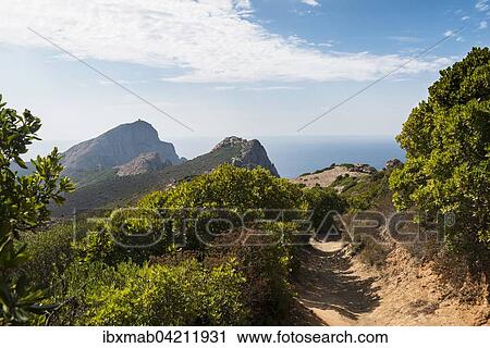 Hiking trail to Genoese tower, coastal and mountain scenery, Gulf of Porto, Corsica, France, Europe View Large Photo Image Stock Image - Hiking trail to Genoese tower, coastal and mountain scenery, Gulf of Porto, Corsica, France, Europe. Fotosearch