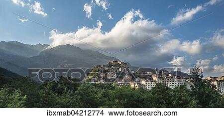 Historic centre in front of mountains, Corte, Corsica, France, Europe View Large Photo Image Picture - Historic centre in front of mountains, Corte, Corsica, France, Europe. Fotosearch