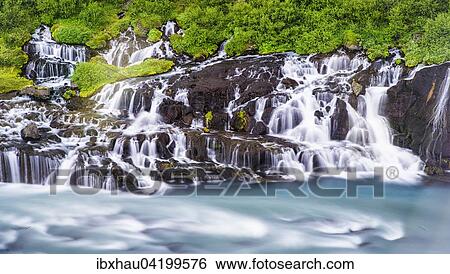 Hraunfossar Waterfalls with river Hvita, Iceland, Europe View Large Photo Image Stock Photograph - Hraunfossar Waterfalls with river Hvita, Iceland, Europe. Fotosearch