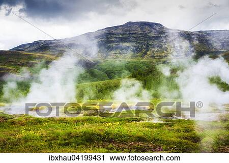 Stock Image - Landscape with steaming hot springs in Haukadalur geothermal area, Iceland, Europe. Fotosearch