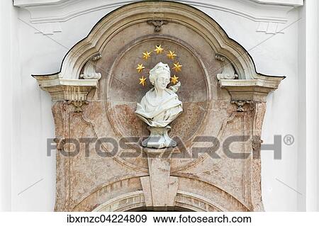 Stock Photo - Marie bust on the west facade Marienmuenster 1720, Diessen, Upper Bavaria, Germany, Europe. Fotosearch