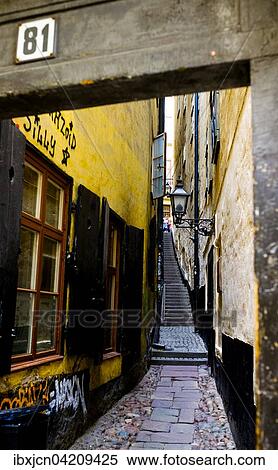 Stock Photography - Marten Trotzigs Grand, very narrow alley with steps in the historic centre of Gamla stan, Stockholm, Sweden, Europe. Fotosearch
