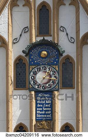 Stock Photograph - Moondial at the Gothic facade of the Town Hall, Amberg, Upper Palatinate, Bavaria, Germany, Europe. Fotosearch