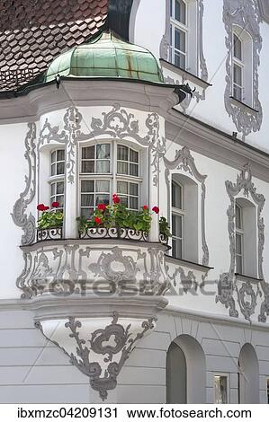 Stock Image - Oriel of a 1772 middle-class house, Georgenstrasse 33, Amberg, Upper Palatinate, Bavaria, Germany, Europe. Fotosearch