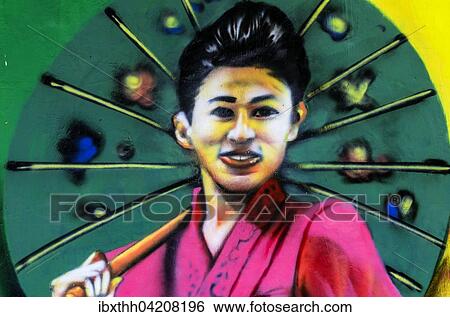 Painted image of a traditionally dressed woman on a house wall, district Kampung Bakar Batu, Malacca or Melaka, Malaysia, Asia View Large Photo Image Stock Photograph - Painted image of a traditionally dressed woman on a house wall, district Kampung Bakar Batu, Malacca or Melaka, Malaysia, Asia. Fotosearch